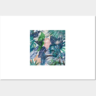 Tropical forest blue pink green beige tropical leaves Posters and Art